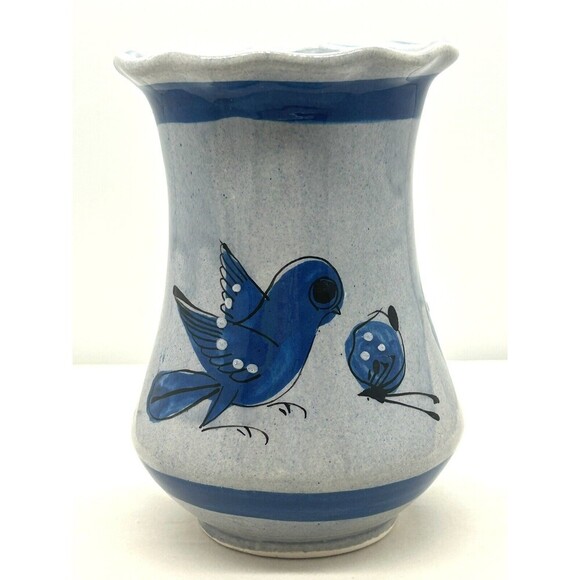 Vase 6" Tonala Mexican Pottery Blue Bird Flower Hand Painted - Mexico SKU GG350 - Picture 2 of 4